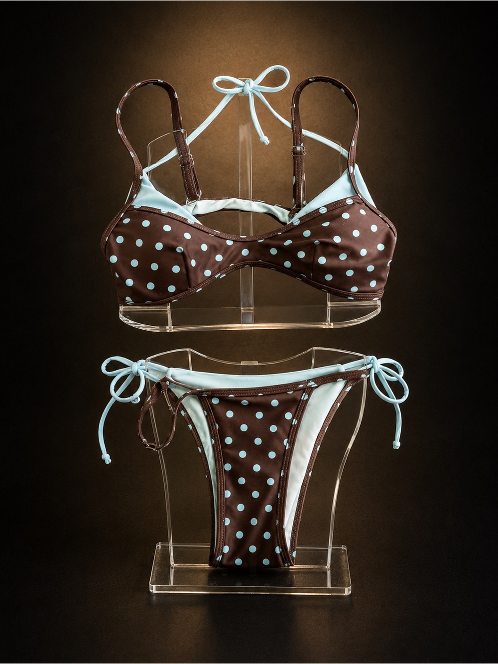 Amazon Brown Polka Dot Bikini with Light Blue Accents